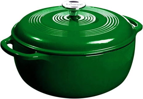 Lodge 6 Quart Enameled Cast Iron Dutch Oven with Lid – Dual Handles – Oven Safe up to 500° F or on Stovetop - Use to Marinate, Cook, Bake, Refrigerate and Serve – Evergreen