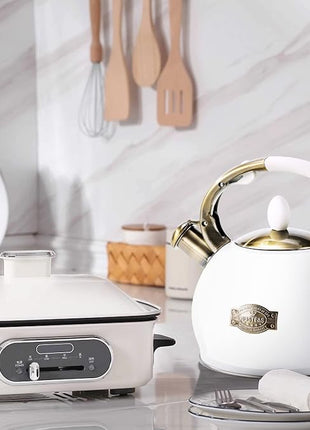 SUSTEAS Stove Top Whistling Tea Kettle - Food Grade Stainless Steel Teakettle Teapot with Cool Touch Ergonomic Handle, With 1 Silicone Pinch Mitt Included, 2.64 Quart(WHITE)