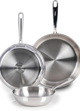 T-Fal Pro Tri-Ply Stainless Steel Cookware Set, 3-Piece Induction Cookware, Oven Safe 500F, Fast & Even Heat, Professional Quality, Durable Pots and Pans Set, Fry Pan, Silver