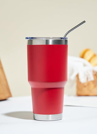 MEWAY 30oz Insulated Tumbler With Lids and Straws,Stainless Steel Double Vacuum Coffee Tumbler Cup, Brush, Durable Powder Coated Coffee Cup for Cold & Hot Drinks, Office, Travel(Coral red,8 PACK)