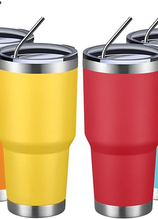 MEWAY 30oz Insulated Tumbler With Lids and Straws,Stainless Steel Double Vacuum Coffee Tumbler Cup, Brush, Durable Powder Coated Coffee Cup for Cold & Hot Drinks, Office, Travel(mixture,4 PACK)