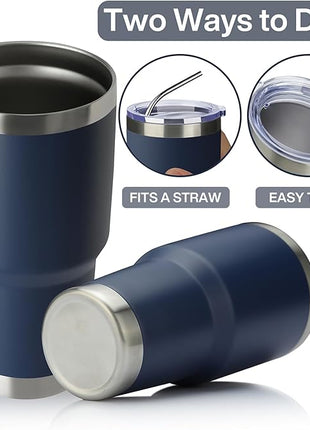 MEWAY 30oz Insulated Tumbler With Lids and Straws,Stainless Steel Double Vacuum Coffee Tumbler Cup, Brush, Durable Powder Coated Coffee Cup for Cold & Hot Drinks, Office, Travel(Navy,4 PACK)
