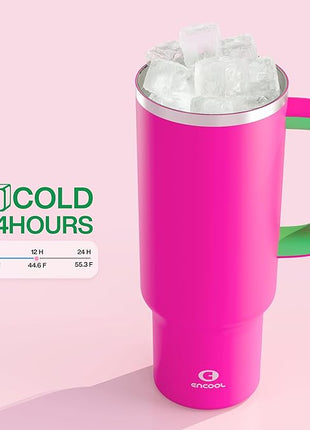 40 oz Tumbler with Handle and Straw: Stainless Steel Insulated Tumbler Keeps Cold for 24 Hours, Leakproof Travel Cup Fits in Cup Holder and BPA-Free,Knockout Pink