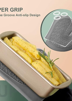 sungwoo Extra Long Silicone Oven Mitts, Heat Resistant Oven Gloves with Quilted Liner Non-Slip Textured Grip Perfect for BBQ, Baking, Cooking and Grilling - 1 Pair 14.6 Inch Grey & Black