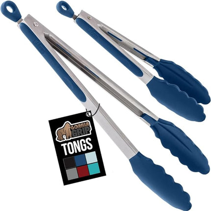 GORILLA GRIP Stainless Steel Heat Resistant Kitchen Tongs for Cooking, Set of 2 BBQ Tong, Non Scratch Silicone Tip for Pans, Strong Grip, Grab Food, Toss Salad, Air Fryer, Pull Lock, 7 + 9 Inch, Blue