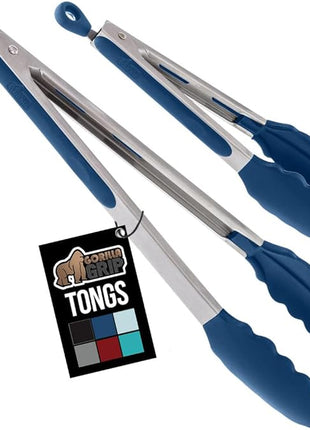 GORILLA GRIP Stainless Steel Heat Resistant Kitchen Tongs for Cooking, 9 + 12 Inch, Set of 2 BBQ Tong, Non Scratch Silicone Tip for Pan, Strong Grip, Grab Food, Toss Salad, Air Fryer, Pull Lock, Blue