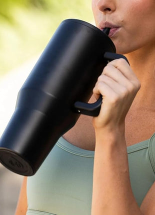 HydroJug Traveler - 32 oz Water Bottle with Handle & Flip Straw - Fits in Cup Holder, Leak Resistant Tumbler-Reusable Insulated Stainless Steel & Rubber Base - Gifts for Women & Men, Black