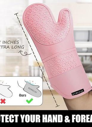 Rorecay 6pcs Oven Mitts and Pot Holders Sets for Kitchen, Extra Long Non-Slip Silicone Oven Gloves Heat Resistant 500 Degrees Potholders Hot Pads for Baking Cooking, Quilted Liner, Pink