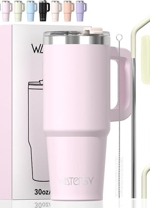30 oz Tumbler with Handle,Tumbler with Lid and Straw,Double Wall Insulated Cup Stainless Steel Travel Mug(Cold for 34 Hours),Water Bottle for Iced Tea,Coffee,Cold Beverages(Rose Quartz)