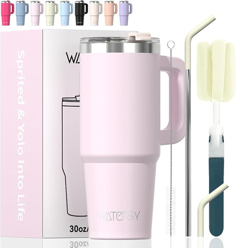 30 oz Tumbler with Handle,Tumbler with Lid and Straw,Double Wall Insulated Cup Stainless Steel Travel Mug(Cold for 34 Hours),Water Bottle for Iced Tea,Coffee,Cold Beverages(Rose Quartz)