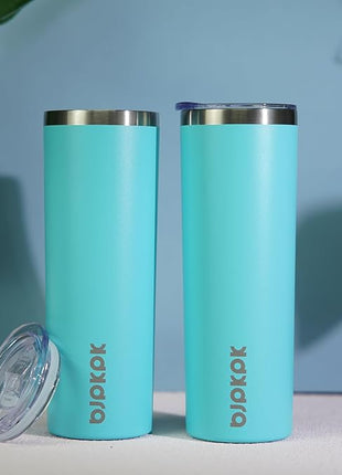 BJPKPK 2 Pack 20oz Skinny Tumblers with Lid Insulated Travel Coffee Cup Stainless Steel Thermal Mug,Turquoise,Turquoise