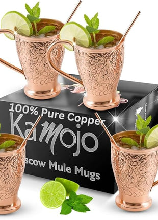 Moscow Mule Copper Mugs Set of 4 with Unique Handcrafted Embossed Design with Anti-Tarnish Food-Grade Coating - Copper Cups Gift Set with 4 Straws & Recipe E-Book, 16 oz