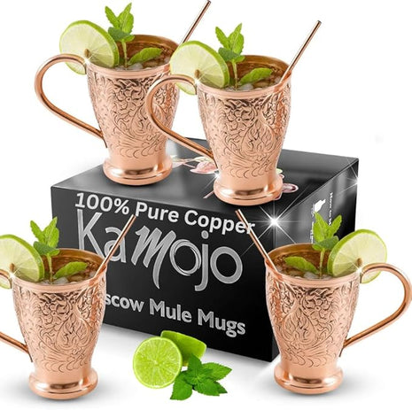 Moscow Mule Copper Mugs Set of 4 with Unique Handcrafted Embossed Design with Anti-Tarnish Food-Grade Coating - Copper Cups Gift Set with 4 Straws & Recipe E-Book, 16 oz