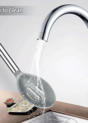 Pack of 2 Large Silicone Cooking Spoons, Non-Stick Stainless Steel Slotted and Solid Spoon Set for Serving, Mixing, Draining, Heat Resistant, Scratch Resistant and BPA Free Kitchen Scoops (Grey)