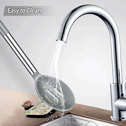 Pack of 2 Large Silicone Cooking Spoons, Non-Stick Stainless Steel Slotted and Solid Spoon Set for Serving, Mixing, Draining, Heat Resistant, Scratch Resistant and BPA Free Kitchen Scoops (Grey)