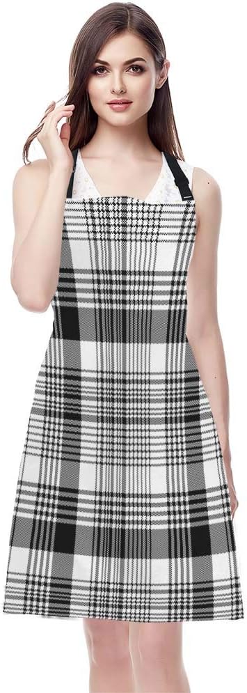 EKOBLA Tartan Pattern Aprons Gingham Plaid Square Monochrome Grid Stripe Black White Waterproof Resistant Chef Cooking Kitchen BBQ Adjustable Aprons for Women Men 27x31 Inch