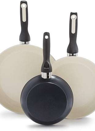 GreenPan Rio Hard Anodized Healthy Ceramic Nonstick, 7" 9.5" and 11" 3 Piece Frying Pan Skillet Set, Soft Grip Handle, PFAS-Free, Dishwasher Safe, Oven Safe, Black