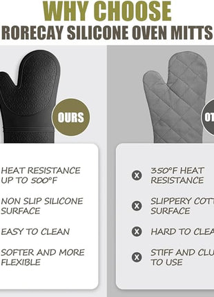 Rorecay 6pcs Oven Mitts and Pot Holders Sets Heat Resistant 500 Degrees, Extra Long and Non-Slip Silicone Oven Gloves Potholders Hot Pads for Kitchen Baking Cooking, Quilted Liner, Black