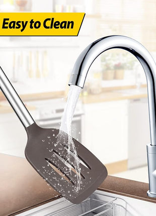 Pack of 2 Silicone Solid Turner, Non Stick Slotted Kitchen Spatulas, High Heat Resistant BPA Free Cooking Utensils, Ideal Cookware for Fish, Eggs, Pancakes(Chocolate)