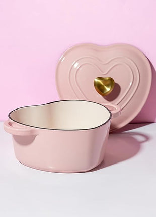 Paris Hilton Enameled Cast Iron Dutch Oven Heart-Shaped Pot with Lid, Dual Handles, Works on All Stovetops, Oven Safe to 500°F, 2-Quart, Pink