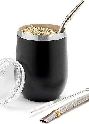 BALIBETOV 5 pcs large Yerba Mate Cup and Bombilla Kit, Includes one 12 oz Yerba Mate Gourd with Lid, Two Bombillas Mate Straw and one cleaning brush | Stainless steel | Double Walled