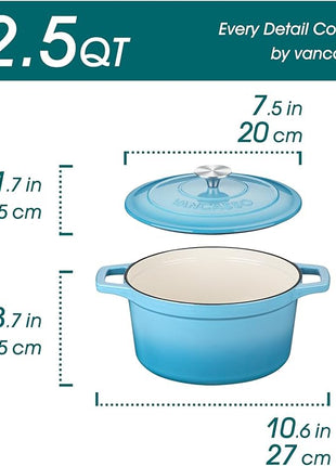 vancasso Enameled Cast Iron Dutch Oven, 2.5 QT Blue Naturally Non-Stick Casserole Dish Cookware, with Stainless Steel Knob Lid Cast Iron Casserole for Steam Braise Bake Broil Saute Simmer Roast
