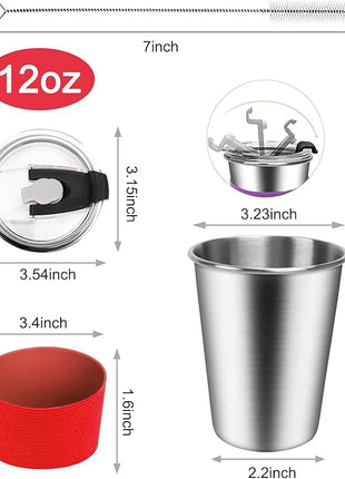 ShineMe Kids Stainless Steel Cups,12oz Kids Metal Drinking Glasses with Lids and Sleeves, 5pack Reusable Water Tumbler for Children and Adults Spill Proof, Apply to Indoor and Outdoor