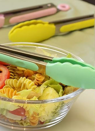 Stainless Steel Kitchen Cooking Tongs with Silicone Tips 9-Inch Serving Tongs, Set of 3 (Mint Pink Yellow)