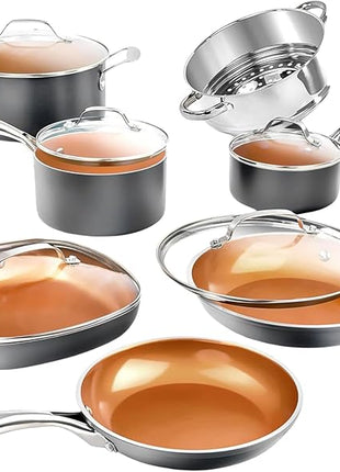 Gotham Steel 12 Pc Ceramic Cookware Set Nonstick, Ceramic Pots and Pans Set Non Stick with Steamer for Cooking, Non Toxic PFOA PFOS Free, Ergonomic Stay Cool Handles, Oven & Dishwasher Safe, Copper