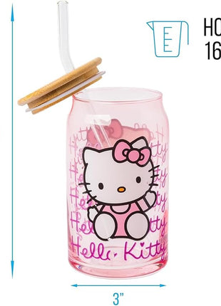 Silver Buffalo Sanrio Hello Kitty Waving Pink Glass Jar Tumbler with Bamboo Lid and Glass Straw, 16 Ounces