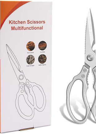 CGBE Kitchen Scissors, Multi-Purpose Kitchen Shears, Heavy Duty Dishwasher Safe Food Scissors for Chicken, Poultry, Fish, Meat & Herbs with Non-Slip Grips - Sliver
