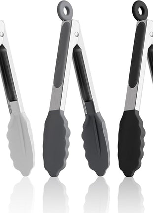 7-Inch Silicone Tongs Pack of 3, Small Tongs with Silicone Tips for Cooking, Barbecue, Buffet Serving (7", Black/Grey/White)