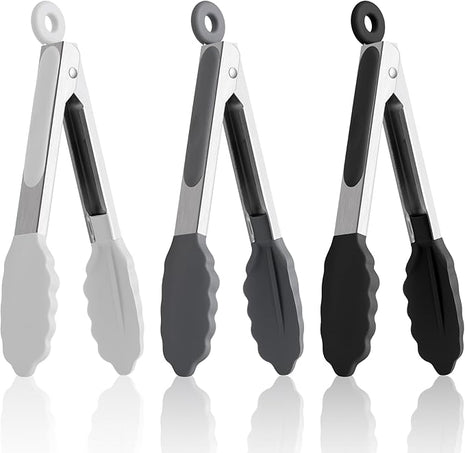 7-Inch Silicone Tongs Pack of 3, Small Tongs with Silicone Tips for Cooking, Barbecue, Buffet Serving (7", Black/Grey/White)