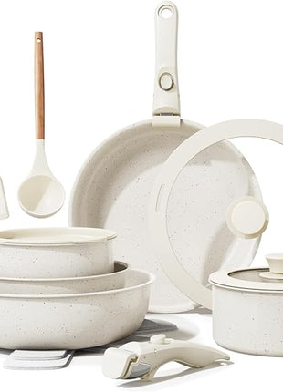 Ceramic Nonstick Cookware Set, Healthy,Non Toxic,17-Pieces Pots and Pans Set Removable Handles,Induction RV Kitchen Set,Stain & Scratch-resistant,Dishwasher/Oven Safe,PFAS/PFOA Free,Cream White