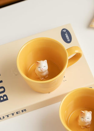 DIHOclub Cat Coffee Cup Hidden Ceramic Animal Inside Mug,Cute Cartoon Handmade Figurine Mugs,Holiday and Birthday Gift for Coffee Milk Tea Lovers,12 Oz(yellow)