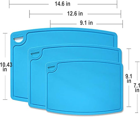 Liflicon Silicone Thick Cutting Boards Mats Set of 3pcs Foldable & Flexible Design Juice Grooves Easy Grip Handle Dishwasher Safe for Kitchen,BPA free Chif-Blue
