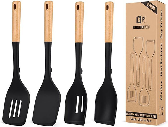 Pack of 4 Silicone Kitchen Utensils Set, Non Stick Solid Spatulas and Heat Resistant Slotted Spoons with Wooden Handle, Ideal BPA Free Cooking Utensils for Mixing,Serving,Turning,Stirring(BLACK)
