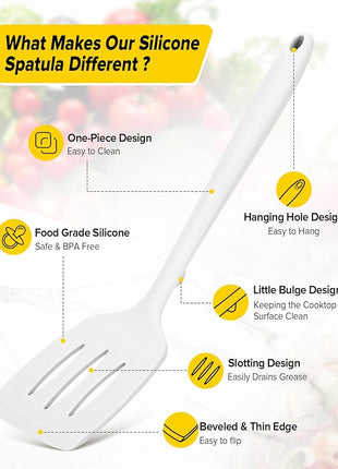 Pack of 2 Silicone Spatula Turners, Non Stick Slotted Kitchen Spatula Set, Heat Resistant BPA Free Kitchen Utensils, One-Piece Design, Suitable for Flipping Fish, Eggs, Steak, Pancakes (WHITE)