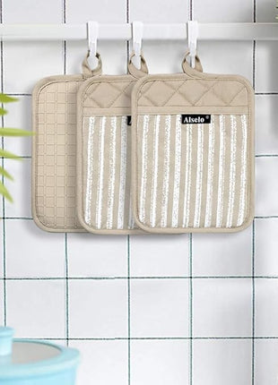 Silicone Pot Holders Set of 3 Heat Resistant & Non Slip Potholders, Professional Oven Hot Pads with Pockets Mitts for Kitchen Cooking Baking Barbecue (Khaki, 3)
