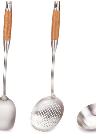 FJNATINH Wok Utensils - Wok tTools - Spatula and Ladle, Skimmer Spoon Set Metal 304 Stainless Steel Kitchen Cooking Utensils Sets, 3-Pieces Wok Tools, Wooden Handle 14-15 Inch