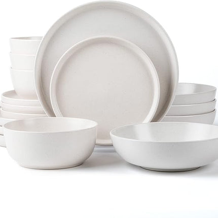 SKUGGA Round Stoneware 16pc Double Bowl Dinnerware Set for 4, Dinner and Side Plates, Cereal and Pasta Bowls - Matte White(466077)