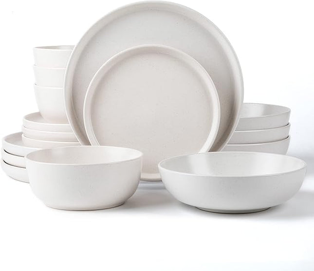 SKUGGA Round Stoneware 16pc Double Bowl Dinnerware Set for 4, Dinner and Side Plates, Cereal and Pasta Bowls - Matte White(466077)