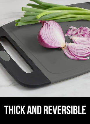 GORILLA GRIP BPA-Free Reversible Kitchen Cutting Board Set of 3, US Designed, Nonporous, Juice Grooves Catch Liquid, Slip Resistant Border, Dishwasher Safe, Durable Food Chopping Boards, Black Gray