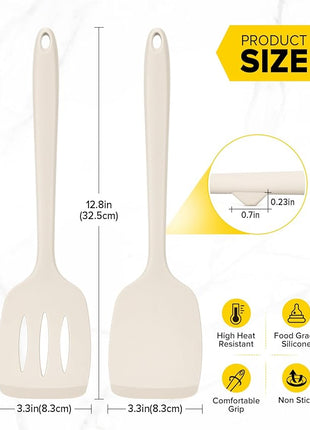Pack of 2 Silicone Spatula Turners, Non Stick Slotted Kitchen Spatula Set, Heat Resistant BPA Free Kitchen Utensils, One-Piece Design, Suitable for Flipping Fish, Eggs, Steak, Pancakes(KHAKI)