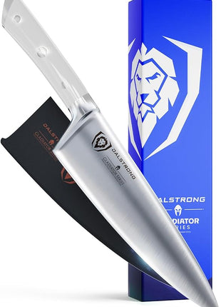 DALSTRONG Chef Knife - 8 inch Blade - Gladiator Series - Forged High Carbon German Steel - Razor Sharp Kitchen Knife - Professional Full Tang Knives - Glacial White Handle ABS - Sheath - NSF Certified