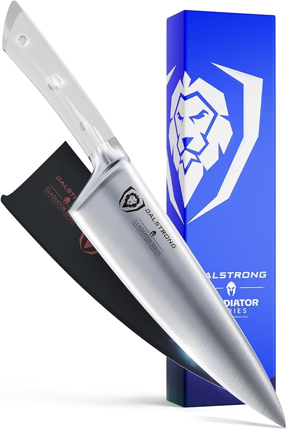 DALSTRONG Chef Knife - 8 inch Blade - Gladiator Series - Forged High Carbon German Steel - Razor Sharp Kitchen Knife - Professional Full Tang Knives - Glacial White Handle ABS - Sheath - NSF Certified