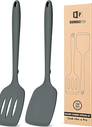 Pack of 2 Silicone Spatula Turners, Non Stick Slotted Kitchen Spatula Set, Heat Resistant BPA Free Kitchen Utensils, One-Piece Design, Suitable for Flipping Fish, Eggs, Steak, Pancakes(GRAY)