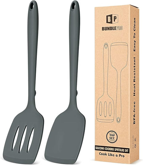 Pack of 2 Silicone Spatula Turners, Non Stick Slotted Kitchen Spatula Set, Heat Resistant BPA Free Kitchen Utensils, One-Piece Design, Suitable for Flipping Fish, Eggs, Steak, Pancakes(GRAY)
