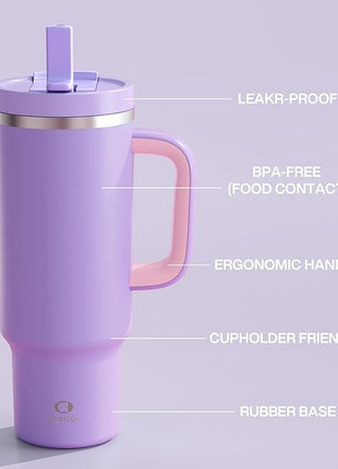 40 oz Tumbler with Handle and Straw: Stainless Steel Insulated Tumbler Keeps Cold for 24 Hours, Leakproof Travel Cup Fits in Cup Holder and BPA-Free, Mauve