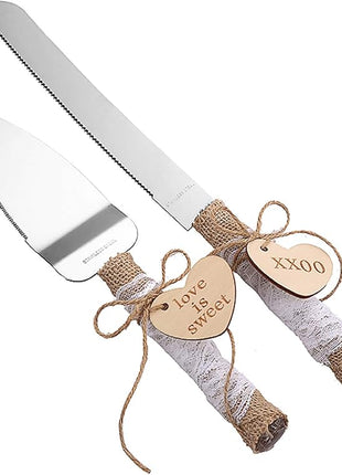 TANG SONG Rustic Style Stainless Steel Wedding Cake Knife and Serving Set Resin Plastic Handle with Twine Heart Love Wood Tag and Burlap Lace Design